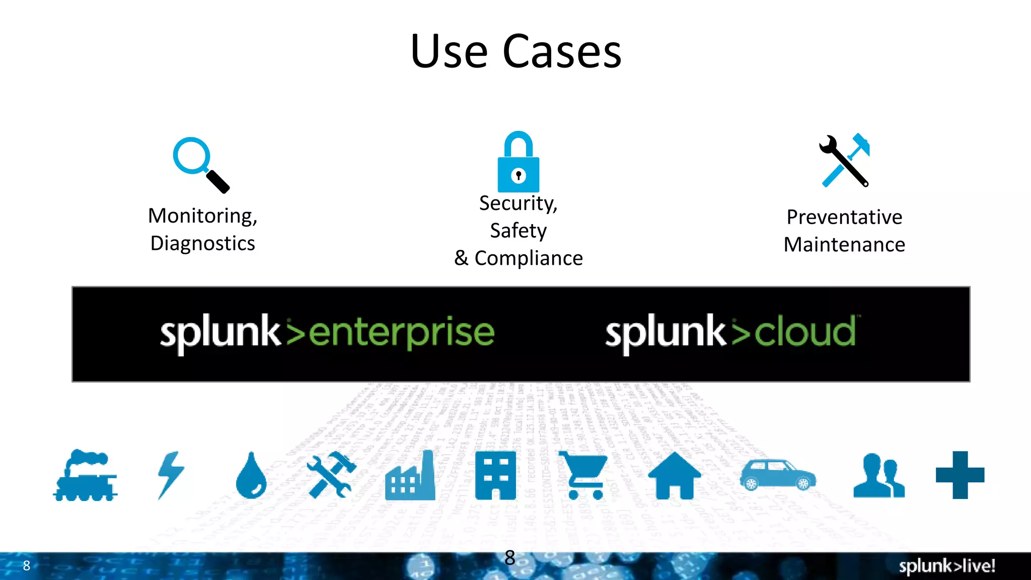8
Use Cases
8
Monitoring,
Diagnostics
Security,
Safety
& Compliance
Preventative
Maintenance
 