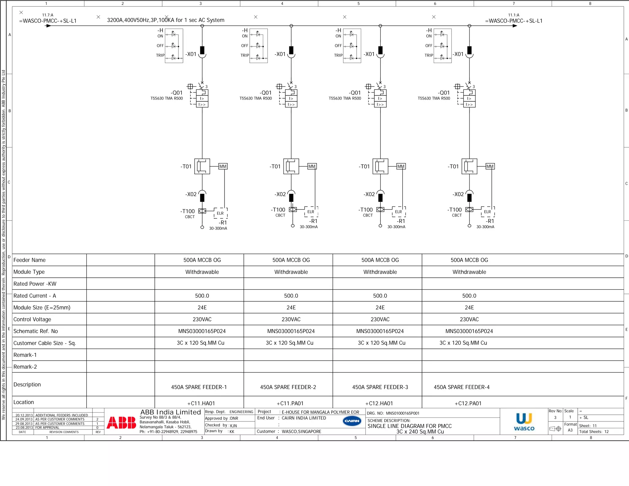 A 
We reserve all rights in this document and in the information contained therein. Reproduction, use or disclosure to third parties without express authority is strictly forbidden. ABB Industry Pte Ltd 
B 
C 
D 
E 
1 
11.7:A 
Feeder Name 
Module Type 
Rated Power -KW 
Rated Current - A 
Module Size (E=25mm) 
Control Voltage 
Schematic Ref. No 
Customer Cable Size - Sq. 
Remark-1 
Remark-2 
Description 
Location 
20.12.2013 ADDITIONAL FEEDERS INCLUDED 
24.09.2013 AS PER CUSTOMER COMMENTS 2 
29.08.2013 AS PER CUSTOMER COMMENTS 1 
DATE REVISION COMMENTS REV 
= 
+ 
8 
Sheet: 
3200A,400V50Hz,3P,100KA for 1 sec AC System 
MM 
-T01 
-X02 
I> 
3 
-T01 
-X02 
I> 
3 
-T01 
-X02 
I> 
3 
=WASCO-PMCC-+SL-L1 
ELR ELR ELR ELR 
-T01 
-X02 
I> 
3 
500A MCCB OG 
Withdrawable 
500.0 
24E 
230VAC 
MNS03000165P024 
Resp. Dept. 
Approved by : 
DNR 
KJN 
KK 
Checked by : 
7 
MM 
500A MCCB OG 
MM 
500A MCCB OG 
3C x 120 Sq.MM Cu 
450A SPARE FEEDER-4 
DRG. NO: Rev No: Scale 
Format 
MM 
500A MCCB OG 
Withdrawable 
500.0 
24E 
230VAC 
MNS03000165P024 
Drawn by : Total Sheets: 
1 
1 
A 
B 
C 
D 
E 
F 
11 
8 
ENGINEERING 
7 
A3 
6 
6 
MNS01000165P001 
5 
5 
4 
4 
E-HOUSE FOR MANGALA POLYMER EOR 
3 
ABB India Limited 
3 
2 
2 
12 
Survey No 88/3 & 88/4, 
Basavanahalli, Kasaba Hobli, 
Nelamangala Taluk - 562123, 
Ph: +91-80-22948929, 22948975 
End User 
: : 
CAIRN INDIA LIMITED 
Project : 
SCHEME DESCRIPTION: 
3 
SINGLE LINE DIAGRAM FOR PMCC 
SL 
FOR APPROVAL 0 
Customer : WASCO,SINGAPORE 23.08.2013 
Withdrawable 
500.0 
24E 
230VAC 
MNS03000165P024 
Withdrawable 
500.0 
24E 
230VAC 
MNS03000165P024 
3C x 120 Sq.MM Cu 
450A SPARE FEEDER-1 
3C x 120 Sq.MM Cu 
450A SPARE FEEDER-2 
3C x 120 Sq.MM Cu 
450A SPARE FEEDER-3 
3C x 240 Sq.MM Cu 
-X01 
+C11.HA01 
-Q01 
T5S630 TMA R500 
I>> 
-X01 
+C11.PA01 
-Q01 
T5S630 TMA R500 
I>> 
-X01 
+C12.HA01 
-Q01 
T5S630 TMA R500 
I>> 
-X01 
+C12.PA01 
-Q01 
T5S630 TMA R500 
I>> 
-H 
ON 
OFF 
TRIP 
-H 
ON 
OFF 
TRIP 
-H 
ON 
OFF 
TRIP 
-H 
ON 
OFF 
TRIP 
-T100 
CBCT 
-R1 
30-300mA 
-T100 
CBCT 
-R1 
30-300mA 
-T100 
CBCT 
-R1 
30-300mA 
-T100 
CBCT 
-R1 
30-300mA 
11.1:A 
=WASCO-PMCC-+SL-L1 
 