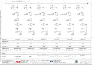 A 
We reserve all rights in this document and in the information contained therein. Reproduction, use or disclosure to third parties without express authority is strictly forbidden. ABB Industry Pte Ltd 
B 
C 
D 
E 
2 
4.9:A 
Feeder Name 
Module Type 
Rated Power -KW 
Rated Current - A 
Module Size (E=25mm) 
Control Voltage 
Schematic Ref. No 
Customer Cable Size - Sq. 
Remark-1 
Remark-2 
Description 
Location 
3200A,415V,50Hz,3P,50KA for 1 sec AC System 
20.12.2013 ADDITIONAL FEEDERS INCLUDED 
MM 
-K01 
A110-30-21 
-T01 
-X02 
I> 
3 
-K01 
A210-30-22 
-T01 
-X02 
I> 
3 
-K01 
A210-30-22 
-T01 
-X02 
I> 
3 
-K01 
A210-30-22 
-T01 
-X02 
I> 
3 
ELR ELR ELR ELR ELR 
-K01 
A75-30-00 
-T01 
-X02 
I> 
3 
63A MCCB+C OG 
MNS03000165P021 
-K01 
A75-30-00 
-T01 
-X02 
I> 
3 
=WASCO+SL-L1 
3C x 25 Sq.MM Cu 3C x 50 Sq.MM Cu 3C x 35 Sq.MM Cu 3C x 35 Sq.MM Cu 3C x 35 Sq.MM Cu 3C x 25 Sq.MM Cu 
24.09.2013 AS PER CUSTOMER COMMENTS 2 
29.08.2013 AS PER CUSTOMER COMMENTS 1 
DATE REVISION COMMENTS REV 
MM 
ELR 
63A MCCB +C OG 
= 
+ 
9 
Sheet: 
MM 
100A MCCB+C OG 
Withdrawable 
100.0 
6E 
230VAC 
MNS03000165P021 
Resp. Dept. 
Approved by : 
DNR 
KJN 
KK 
Checked by : 
8 
MM 
200A MCCB+C OG 
MM 
200A MCCB+C OG 
DRG. NO: Rev No: Scale 
Format 
MM 
200A MCCB+C OG 
Withdrawable 
200.0 
16E 
230VAC 
MNS03000165P021 
Drawn by : Total Sheets: 
2 
1 
A 
B 
C 
D 
E 
F 
5 
9 
ENGINEERING 
8 
A3 
7 
7 
MNS01000165P001 
6 
6 
5 
5 
E-HOUSE FOR MANGALA POLYMER EOR 
4 
ABB India Limited 
4 
Withdrawable 
63.0 
6E 
230VAC 
3 
3 
12 
Survey No 88/3 & 88/4, 
Basavanahalli, Kasaba Hobli, 
Nelamangala Taluk - 562123, 
Ph: +91-80-22948929, 22948975 
End User 
: : 
CAIRN INDIA LIMITED 
Project : 
SCHEME DESCRIPTION: 
3 
SINGLE LINE DIAGRAM FOR PMCC 
SL 
FOR APPROVAL 0 
Customer : WASCO,SINGAPORE 23.08.2013 
Withdrawable 
200.0 
16E 
230VAC 
MNS03000165P021 
Withdrawable 
200.0 
16E 
230VAC 
MNS03000165P021 
VFD FOR 
POLYMER INJECTION PUMPS -11 
VFD FOR 
POLYMER INJECTION PUMPS -12 
VFD FOR 
TO 20KVA TRAFO SPARE POLYMER INJECTION PUMPS - 13 
Withdrawable 
63.0 
6E 
230VAC 
MNS03000165P021 
UPS FEEDER-2 
-X01 
+C04.EA01 
-Q01 
T2S160 R80 
I>> 
-X01 
+C04.FC01 
-Q01 
T3S250 TMD 100 
I>> 
-X01 
+C04.HA01 
-Q01 
T4S320 PR22x DSxx In320 
I>> 
-X01 
+C04.MA01 
-Q01 
T4S320 PR22x DSxx In320 
I>> 
-X01 
+C04.RA01 
-Q01 
T4S320 PR22x DSxx In320 
I>> 
-H 
ON 
OFF 
TRIP 
-H 
ON 
OFF 
TRIP 
-H 
ON 
OFF 
TRIP 
-H 
ON 
OFF 
TRIP 
-H 
ON 
OFF 
TRIP 
-T100 
CBCT 
-R1 
30-300mA 
-T100 
CBCT 
-R1 
30-300mA 
-T100 
CBCT 
-R1 
30-300mA 
-T100 
CBCT 
-R1 
30-300mA 
-T100 
CBCT 
-R1 
30-300mA 
-X01 
+C05.BA01 
-Q01 
T2S160 R80 
I>> 
-H 
ON 
OFF 
TRIP 
-T100 
CBCT 
-R1 
30-300mA 
6.2:A 
=WASCO+SL-L1 
 