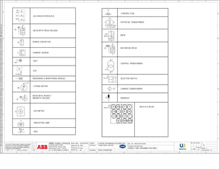 A 
We reserve all rights in this document and in the information contained therein. Reproduction, use or disclosure to third parties without express authority is strictly forbidden. ABB Industry Pte Ltd 
B 
C 
D 
E 
2 
ELR 
MM 
I> 
3 
M 
20.12.2013 ADDITIONAL FEEDERS INCLUDED 
LED INDICATION BLOCK 
MCCB WITH PR22X RELEASE 
POWER CONTACTOR 
CURRENT SENSOR 
CBCT 
ELR 
3 PHASE MOTOR 
MCCB WITH IN BUILT 
MAGNETIC RELEASE 
VOLTMETER 
INDICATING LAMP 
MCB 
24.09.2013 AS PER CUSTOMER COMMENTS 2 
29.08.2013 AS PER CUSTOMER COMMENTS 1 
DATE REVISION COMMENTS REV 
= 
+ 
9 
Sheet: 
Resp. Dept. 
Approved by : 
DNR 
KJN 
KK 
Checked by : 
8 
SELECTOR SWITCH 
CURRENT TRANSFORMER 
DRAWOUT 
W VA 
DRG. NO: Rev No: Scale 
Format 
3 
I> 
3 
2 
-S 
SEL.SW. 
Drawn by : Total Sheets: 
2 
1 
A 
B 
C 
D 
E 
F 
1 
9 
ENGINEERING 
8 
A3 
7 
7 
MNS01000165P001 
6 
6 
5 
5 
E-HOUSE FOR MANGALA POLYMER EOR 
4 
ABB India Limited 
4 
3 
3 
12 
Survey No 88/3 & 88/4, 
Basavanahalli, Kasaba Hobli, 
Nelamangala Taluk - 562123, 
Ph: +91-80-22948929, 22948975 
End User 
: : 
CAIRN INDIA LIMITED 
Project : 
SCHEME DESCRIPTION: 
3 
SINGLE LINE DIAGRAM FOR PMCC 
SL 
FOR APPROVAL 0 
Customer : WASCO,SINGAPORE 23.08.2013 
CONTROL FUSE 
POTENTIAL TRANSFORMER 
MPCB 
M 
MOTORIZED MCCB 
CONTROL TRANSFORMER 
50 50N 
51 51N 
A 
27U 2 
86 
V 
PF F 
VAR 
KWH 
REF615-H RELAY 
MEASURING & MONITORING MODULE 
-H 
ON 
OFF 
TRIP 
-Q 
I>> 
-K 
-T 
-T 
CBCT 
-R 
30-300mA 
-M 
3+PE 
3~ 
-Q I> 
3 
-V V 
-L 
-F 
3 
-F 
2 
-T1 
PT 415/R3/110/R3, 
CL-1/3P,10VA 
-Q1 
MPCB 
I>> 
-Q 
I>> 
-CTF 
2 
-R 
REF615-H 
-CT 
-X 
 