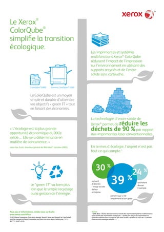 Le Xerox®
ColorQube®
simplifie la transition
écologique.
Les imprimantes et systèmes
multifonctions Xerox®
ColorQube
réduisent l'impact de l'impression
sur l'environnement en utilisant des
supports recyclés et de l'encre
solide sans cartouche.
Le ColorQube est un moyen
simple et durable d'atteindre
vos objectifs « green IT » tout
en faisant des économies.
« L'écologie est la plus grande
opportunité économique du XXIe
siècle… Elle sera déterminante en
matière de concurrence, »
selon Lee Scott, directeur général de Wal-Mart®
(octobre 2005).
Le “green IT” va bien plus
loin que le simple recyclage
ou la gestion de l'énergie.
Pour plus d'informations, rendez-vous sur le site
www.xerox.com/office.
©2013 Xerox Corporation. Tous droits réservés. Xerox®, Xerox and Design® et ColorQube®
sont des marques de Xerox Corporation aux États-Unis et/ou dans d’autres pays. 12/13
BR7715 SLDFY-01FA
Sources
1
Q26B. Base : TECH2 (décisionnaire du marché des imprimantes/systèmes multifonctions)
ayant acheté des imprimantes écologiques : « Quelle part ont pris les imprimantes ou
systèmes multifonctions écologiques que votre société a achetés au cours des 12 derniers
mois aux trois avantages suivants ? »
En termes d'écologie, l'argent n'est pas
tout ce qui compte.1
La technologie d'encre solide de
Xerox®
permet de réduire les
déchets de 90 %par rapport
aux imprimantes laser conventionnelles.
pensent
d'abord à
l'image sociale
de leur
entreprise
souhaitent
donner
l'exemple
pensent que c'est
simplement le bon geste
39 %
30 %
24 %
ColorQube®
8900 Gamme ColorQube®
9300
 