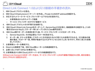© 2020 IBM Corporation11
Direct Link Connect 1.0および2.0接続の手続きの流れ
1. IBM Cloudにアカウントを取る。
2. IBM Cloud Infrastructure上にサーバーを作成し、Private VLANのIP addressを確認する。
3. 対応するネットワーク・サービス・プロバイダー以下のものを契約する。
– お客様拠点からのネットワーク接続
– サービス・プロバイダーのクラウド接続サービス
4. IBM CloudにアカウントのVRF移行を依頼する。
5. IBM CloudにDirect Link Connectをオーダーして、Service KeyとCIDを取り、接続諸条件を確認する。(1.0の
場合はService Keyとしてオーダー時にオープンされたCase番号を使う)
6. IBM Cloud側でオーダーの承認を受けた後、サービス・プロバイダーにVCをオーダーする。
1. Service KeyとCID、その他必要なパラメータを指定する。
2. オーダー後、チケットを更新してサポートにその旨伝えるとVC受け入れ処理が行われる。 ECX経由の接
続の場合、VCオーダー後、時間が経過するとVCがキャンセルされてしまいますので、早めに受入れ依頼
をしてください。
7. お客様側ルーターを構成する。
8. Direct Link接続完了後、 IBM Cloud側ルーターとの疎通確認する。
9. 必要に応じてNAT GWなどを構成する。
10. お客様拠点からIBM Cloud上のサーバーまでの疎通確認を行う。
※Direct Link Connect 2.0のオーダー方法は、サービス・プロバイダーとのAPI連動が実装され次第、順次自動化
されたプロセスに変更されます。
 