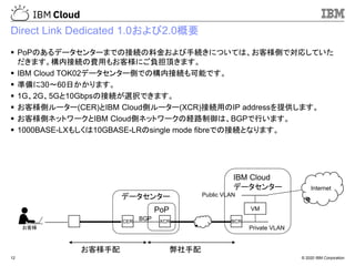 © 2020 IBM Corporation12
Direct Link Dedicated 1.0および2.0概要
▪ PoPのあるデータセンターまでの接続の料金および手続きについては、お客様側で対応していた
だきます。構内接続の費用もお客様にご負担頂きます。
▪ IBM Cloud TOK02データセンター側での構内接続も可能です。
▪ 準備に30～60日かかります。
▪ 1G、2G、5Gと10Gbpsの接続が選択できます。
▪ お客様側ルーター(CER)とIBM Cloud側ルーター(XCR)接続用のIP addressを提供します。
▪ お客様側ネットワークとIBM Cloud側ネットワークの経路制御は、BGPで行います。
▪ 1000BASE-LXもしくは10GBASE-LRのsingle mode fibreでの接続となります。
お客様
CER XCR
PoP
データセンター
IBM Cloud
データセンター
BCR
VM
Private VLAN
Public VLAN
Internet
お客様手配 弊社手配
BGP
 