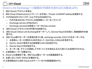 © 2020 IBM Corporation5
Direct Link Exchange 1.0接続の手続きの流れ(ECX経由以外)
1. IBM Cloudにアカウントを取る。
2. IBM Cloud Infrastructure上にサーバーを作成し、Private VLANのIP addressを確認する。
3. PoPのあるDCプロバイダーと以下のものを契約する。
– PoPのあるDCのいずれかにお客様側ルーターをハウジング
– Exchange service (ATBeXなど)
– Exchange serviceとお客様ルーターのcross connect
4. IBM CloudにアカウントのVRF移行を依頼する。
5. IBM CloudにDirect Link Exchangeをオーダーして、Service KeyとCIDを取り、接続諸条件を確
認する。
6. IBM Cloud側でオーダーの承認を受けた後、exchange provider (CX)にVCをオーダーする。
1. お客様ルーターCX間のVLAN方式として、Dot1QもしくはQinQを指定する。
2. Dot1Q、QinQで使用するお客様側VLAN IDを指定する。
3. Service KeyとCIDを指定する。
4. オーダー後、チケットを更新してサポートにその旨伝えるとVC受け入れ処理が行われる。
7. お客様側ルーターを構成する。
8. Direct Link接続完了後、 IBM Cloud側ルーターとの疎通確認する。
9. 必要に応じてNAT GWなどを構成する。
10.お客様拠点からIBM Cloud上のサーバーまでの疎通確認を行う。
 