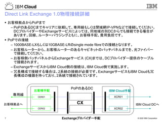 © 2020 IBM Corporation7
Direct Link Exchange 1.0物理接続詳細
▪ お客様拠点からPoPまで
– PoPのあるDCまでキャリアに依頼して、専用線もしくは閉域網IP-VPNなどで接続してください。
DCプロバイダーやExchangeサービスによっては、同地域の別DCからでも接続できる場合が
あります。回線、ルーターハウジングともに、お客様手配、費用負担です。
▪ PoPでの接続
– 1000BASE-LXもしくは10GBASE-LRのsingle mode fibreでの接続となります。
– お客様ルーターから、お客様ルーターのあるキャビネットのパッチパネルまでを、光ファイバー
で接続してください。
– お客様側パッチパネルからExchangeサービス (CX)までは、DCプロバイダー提供のケーブル
で接続されます。
– ExchangeサービスからIBM Cloud側の接続は、IBM Cloud側で実施します。
– 冗長構成で接続する場合は、2系統の接続が必要です。ExchangeサービスもIBM Cloudも冗
長構成の機器を持っており、2系統で接続されています。
CER01 XCR01
専用線
お客様拠点へ IBM Cloud DCへ
お客様手配 IBM Cloud手配
PoPのあるDC
CX
Exchangeプロバイダー手配
CER02 XCR02
 