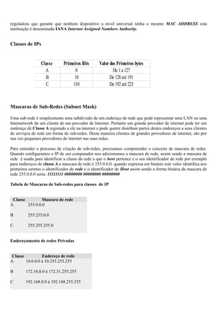 reguladora que garante que nenhum dispositivo a nivel universal tenha o mesmo MAC ADDRESS esta
instituição é denominada IANA Internet Assigned Numbers Authority.
Classes de IPs
Mascaras de Sub-Redes (Subnet Mask)
Uma sub-rede é simplesmente uma subdivisão de um endereço de rede que pode representar uma LAN ou uma
Internetwork de um cliente de um provedor de Internet. Portanto um grande provedor de internet pode ter um
endereço de Classe A registado a ele na internet e pode querer distribuir partes destes endereços a seus clientes
de serviços de rede em forma de sub-redes. Desta maneira clientes de grandes provedores de internet, são por
sua vez pequenos provedores de internet nas suas redes.
Para entender o processo de criação de sub-redes, precisamos compreender o conceito de mascara de redes.
Quando configuramos o IP de um computador nos adicionamos a mascara de rede, assim sendo a mascara de
rede é usada para identificar a classe da rede a que o host pertence e o seu identificador de rede por exemplo
para endereços de classe A a mascara de rede é 255.0.0.0. quando expressa em binário este valor identifica nos
primeiros octetos o identificador de rede e o identificador de Host assim sendo a forma binária da mascara de
rede 255.0.0.0 seria: 11111111 00000000 00000000 00000000
Tabela de Mascaras de Sub-redes para classes de IP
Classe Mascara de rede
A 255.0.0.0
B 255.255.0.0
C 255.255.255.0
Endereçamento de redes Privadas
Classe Endereço de rede
A 10.0.0.0 á 10.255.255.255
B 172.16.0.0 á 172.31.255.255
C 192.168.0.0 á 192.168.255.255
Classe Primeiros Bits Valor dos Primeiros bytes
A 0 De 1a 127
B 10 De 128até 191
C 110 De 192até 223
 