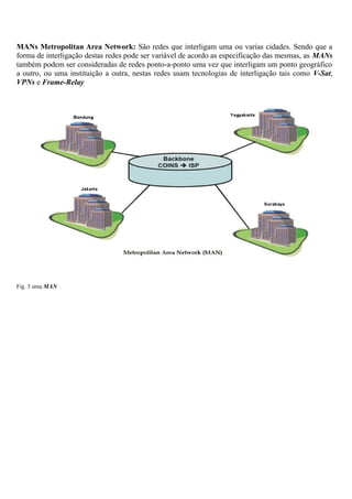 MANs Metropolitan Area Network: São redes que interligam uma ou varias cidades. Sendo que a
forma de interligação destas redes pode ser variável de acordo as especificação das mesmas, as MANs
também podem ser consideradas de redes ponto-a-ponto uma vez que interligam um ponto geográfico
a outro, ou uma instituição a outra, nestas redes usam tecnologias de interligação tais como V-Sat,
VPNs e Frame-Relay
Fig. 3 uma MAN
 