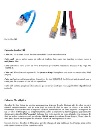 Fig. 14 Cabos UTP
Categorias de cabos UTP
Cabos cat1 são os cabos usados em redes de telefonia e usam conectores RJ-11.
Cabos cat2 são os cabos usados em redes de telefonia bem como para interligar terminais burros a
mainframes IBM.
Cabos cat3 são os cabos usados em redes de telefonia que suportam transmissão de dados de 10 Mbps. Ou
10BASE-T.
Cabos cat4 São cabos usados para redes do tipo token Ring (Tipologia de rede usada em computadores IBM
antigos).
Cabos cat5 cabos usados para redes e dispositivos do tipo 100BASE-T fast Ethernet (padrão actual para a
maior parte das placas de rede de microcomputadores.
Cabos cat6 a ultima geração de cabos actuais e que são do tipo usado para redes gigabit (1000 Mbps) Ethernet
protocols.
Cabos de fibra Óptica
Os cabos de fibra óptica são um tipo completamente diferente de cabo fabricado não de cobre ou outro
material metálico condutor, mas ao invés disto são feitos de fibra de vidro ou plástico e ao invés de
transmitirem os dados em forma de impulsos eléctricos, transmitem nos em forma de pulsos ou impulsos de
luz. Os cabos de fibra óptica são completamente resistentes as interferência electromagnéticas que facilmente
afectam cabos de cobre (UTP e coaxial). Cabos de fibra óptica também são pouco afectados pela atenuação de
sinal que sofrem os cabos normais que vão dos 100-500 metros dependendo do tipo de cabo. Alguns cabos de
fibra óptica podem ser interligados ate distancias de 120 km sem degradação de sinal.
Existem dois tipos de cabos de fibra óptica que são: singlemode and multimod. As diferenças entre ambos
estão na espessura e no tipo de conectores usados.
 