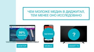 DESKTOP MOBILE SMART TV
99%
ПОНЯТЕН
ЧЕМ МОЛОЖЕ МЕДИА В ДИДЖИТАЛ,
ТЕМ МЕНЕЕ ОНО ИССЛЕДОВАНО
ЧАСТИЧНО
?
 