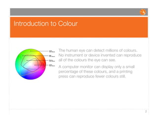 Introduction to Colour
2
The human eye can detect millions of colours.
No instrument or device invented can reproduce
all of the colours the eye can see.
A computer monitor can display only a small
percentage of these colours, and a printing
press can reproduce fewer colours still.
 