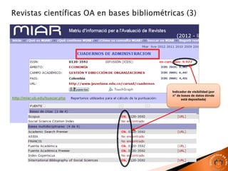 http://miar.ub.edu/buscar.php
Indicador de visibilidad (por
n° de bases de datos dónde
está depositada)
 