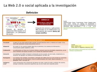Fuente:
Cabezas-Clavijo, Álvaro; Torres-Salinas, Daniel; Delgado-López-
Cózar, Emilio. “Ciencia 2.0: catálogo de herramientas e
implicaciones para la actividad investigadora”. El profesional de la
información, 2009, enero-febrero, v. 18, n. 1, pp. 72-79.
http://www.elprofesionaldelainformacion.com/contenidos/2009/ener
o/09.pdf
Conjunto de servicios y aplicaciones
Web basados en la colaboración y la
participación del usuario dentro del
campo científico.
Conjunto de servicios y
aplicaciones Web basados en la
colaboración y la participación
del usuario.
Definición
Características de la Web 2.0
Vinculación La web 2.0 y los sitios web de redes sociales vinculan personas entre sí, mientras en la web 1.0 los
sitios web solamente vinculan documentos entre sí.
Adaptación En la web 2.0, los usuarios pueden dejar de ser anónimos y los sistemas de información y
comunicación pueden adaptarse a ellos.
Colaboración Las aplicaciones en línea son el contexto idóneo y necesario para las actividades cooperativas, ya sea
entre miembros de equipos cerrados o en el sentido de cooperación abierta
Interacción Los sistemas de la Web 2.0 preven la interacción con los usuarios, de otro modo, simplemente no
existirían. Por ejemplo, los sistemas de recomendación, los wikis, etc.
Participación Los sistemas más visitados, consultados y utilizados de la Web actual con sitios donde los contenidos
son aportados por los internautas, no por los administradores de la web. Algunos ejemplos: la
Wikipedia, Flickr, YouTube, etc.
Inteligencia
social
Como consecuencia de la interacción de decenas de miles, cientos de miles o millones de usuarios,
emergen contenido y soluciones específicas que, de otro modo sería imposible prever.
http://www.mindomo.com/es/view.htm?m=2671b7eeda
744faab517aa258e9ad4e8
 