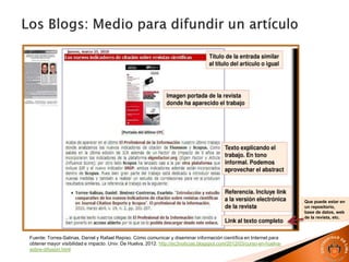 Fuente: Torres-Salinas, Daniel y Rafael Repiso. Cómo comunicar y diseminar información científica en Internet para
obtener mayor visibilidad e impacto. Univ. De Huelva, 2012. http://ec3noticias.blogspot.com/2012/03/curso-en-huelva-
sobre-difusion.html
Que puede estar en
un repositorio,
base de datos, web
de la revista, etc.
 