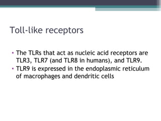Toll-like receptors
• The TLRs that act as nucleic acid receptors are
TLR3, TLR7 (and TLR8 in humans), and TLR9.
• TLR9 is expressed in the endoplasmic reticulum
of macrophages and dendritic cells
 