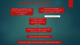 PATHOPHYSIOLOGY
Inherited susceptibility genes
 Class II MHC HLA-DQ, DR3
 Complement
 Others
Environmental triggers
e.g. UVR, drugs, sex hormones,
infectious agents, stress
Increased burden of
nuclear protein
fragments, other self
antigens
Cellular apoptosis
Activation of T helpers and B cells
specific for self antigens
IgG autoantibody production
Immune complex and autoantibody mediated tissue injury
 