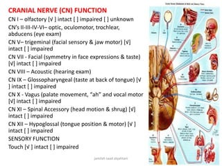 CRANIAL NERVE (CN) FUNCTION
CN I – olfactory [√ ] intact [ ] impaired [ ] unknown
CN’s II-III-IV-VI– optic, oculomotor, trochlear,
abducens (eye exam)
CN V– trigeminal (facial sensory & jaw motor) [√]
intact [ ] impaired
CN VII - Facial (symmetry in face expressions & taste)
[√] intact [ ] impaired
CN VIII – Acoustic (hearing exam)
CN IX – Glossopharyngeal (taste at back of tongue) [√
] intact [ ] impaired
CN X - Vagus (palate movement, “ah” and vocal motor
[√] intact [ ] impaired
CN XI – Spinal Accessory (head motion & shrug) [√]
intact [ ] impaired
CN XII – Hypoglossal (tongue position & motor) [√ ]
intact [ ] impaired
SENSORY FUNCTION
Touch [√ ] intact [ ] impaired
jamilah saad alqahtani 22
 
