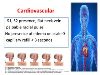 Cardiovascular
S1, S2 presence, flat neck vein
palpable radial pulse
No presence of edema on scale 0
capillary refill < 3 seconds
jamilah saad alqahtani 24
 