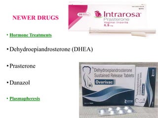 NEWER DRUGS
• Hormone Treatments
•Dehydroepiandrosterone (DHEA)
•Prasterone
•Danazol
• Plasmapheresis
 