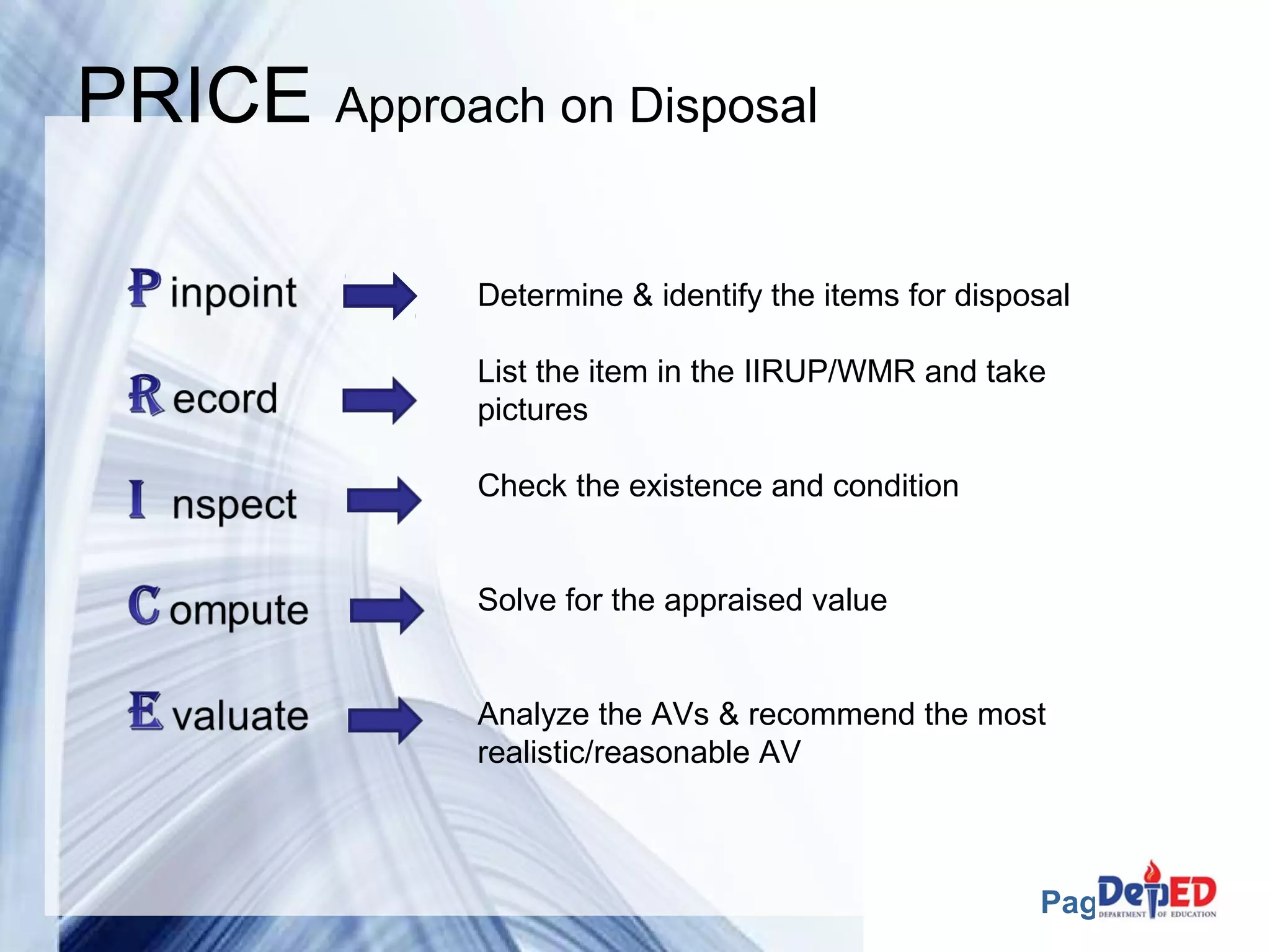 Page 62 
PRICE Approach on Disposal 
Determine & identify the items for disposal 
List the item in the IIRUP/WMR and take 
pictures 
Check the existence and condition 
Solve for the appraised value 
Analyze the AVs & recommend the most 
realistic/reasonable AV 
 