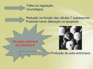 Ativação policlonal
de linfócitos B
Falha na regulação
imunológica
Redução na função das células T supressoras
Podendo haver alteração na apoptose
Produção de auto-anticorpos
 