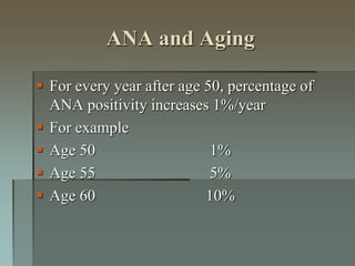 ANA and Aging
 For every year after age 50, percentage of
ANA positivity increases 1%/year
 For example
 Age 50 1%
 Age 55 5%
 Age 60 10%
 