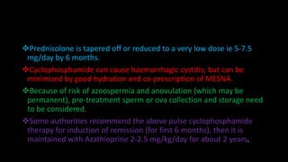 Prednisolone is tapered off or reduced to a very low dose ie 5-7.5
mg/day by 6 months.
Cyclophosphamide can cause haemorrhagic cystitis; but can be
minimized by good hydration and co-prescription of MESNA.
Because of risk of azoospermia and anovulation (which may be
permanent), pre-treatment sperm or ova collection and storage need
to be considered.
Some authorities recommend the above pulse cyclophosphamide
therapy for induction of remission (for first 6 months), then it is
maintained with Azathioprine 2-2.5 mg/kg/day for about 2 years.
 