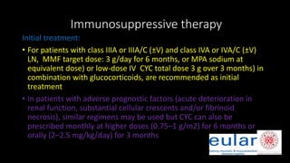 Immunosuppressive therapy
Initial treatment:
• For patients with class IIIA or IIIA/C (±V) and class IVA or IVA/C (±V)
LN, MMF target dose: 3 g/day for 6 months, or MPA sodium at
equivalent dose) or low-dose IV CYC total dose 3 g over 3 months) in
combination with glucocorticoids, are recommended as initial
treatment
• In patients with adverse prognostic factors (acute deterioration in
renal function, substantial cellular crescents and/or fibrinoid
necrosis), similar regimens may be used but CYC can also be
prescribed monthly at higher doses (0.75–1 g/m2) for 6 months or
orally (2–2.5 mg/kg/day) for 3 months
 