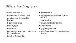 Differential Diagnoses
• Acute Pericarditis
• Antiphospholipid Syndrome
• Autoimmune Hepatobilliary
Disease
• B-Cell Lymphoma
• Fibromyalgia
• Hepatitis C
• Epstein-Barr Virus (EBV) Infectious
Mononucleosis
• Infective Endocarditis
• Lyme Disease
• Mixed Connective-Tissue Disease
(MCTD)
• Polymyositis
• Rheumatoid Arthritis (RA)
• Scleroderma
• Sjogren Syndrome
• Undifferentiated Connective-Tissue
Disease
 