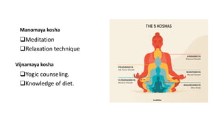 Manomaya kosha
❑Meditation
❑Relaxation technique
Vijnamaya kosha
❑Yogic counseling.
❑Knowledge of diet.
 