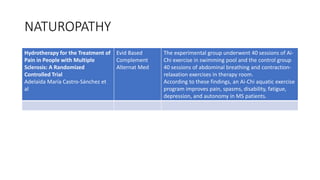 NATUROPATHY
Hydrotherapy for the Treatment of
Pain in People with Multiple
Sclerosis: A Randomized
Controlled Trial
Adelaida María Castro-Sánchez et
al
Evid Based
Complement
Alternat Med
The experimental group underwent 40 sessions of Ai-
Chi exercise in swimming pool and the control group
40 sessions of abdominal breathing and contraction-
relaxation exercises in therapy room.
According to these findings, an Ai-Chi aquatic exercise
program improves pain, spasms, disability, fatigue,
depression, and autonomy in MS patients.
 