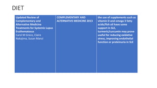 Updated Review of
Complementary and
Alternative Medicine
Treatments for Systemic Lupus
Erythematosus
Carol M Greco, Claire
Nakajima, Susan Manzi
COMPLEMENTARY AND
ALTERNATIVE MEDICINE 2013
the use of supplements such as
vitamin D and omega 3 fatty
acids/fish oil have some
support in SLE,
turmeric/curcumin may prove
useful for reducing oxidative
stress, improving endothelial
function or proteinuria in SLE
DIET
 