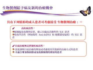 生物製劑給予病友新的治療機會
具有下列情形的成人患者可考慮接受 生物製劑治療： 1,2
參考文獻：
1. GlaxoSmithKline. Data on File IHCE/BEL/0039/11.
2. GlaxoSmithKline, Human Genome Sciences. BENLYSTA Summary of Product Characteristics.
高疾病活性 2
根據臨床病徵與症狀，顯示有臨床活動性的 SLE 患者
免疫學活性（例如陽性 Anti-dsDNA 和 補體濃度偏低）的 SLE 患
者
目前治療無法控制疾病活性 2
需要調增目前治療的劑量或考慮使用其他新的治療方式的患者
不適合 加類固醇或免疫抑制劑的劑量的患者增
 