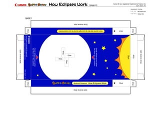 BASE 1
Asolareclipseoccurswhen
theMoonisinthisposition.
Alunareclipseoccurswhen
theMoonisinthisposition.
Sun
Glue
Glue
Glue
Glue
Glue
Glue
Glue
Glue
GlueGlueGlue
Gluereverseside.
Gluereverseside.
Gluereverseside.
Glue reverse side.
Don'tusetherealSunasyourlightsourceforyourexperiments!
(page 4)
Canon is a registered trademark of Canon Inc.R
D Japan, Inc..
Cut line
Mountain fold
Valley fold
Nutural Science How Eclipses Work
DJapan,Inc.C.
http://bj.canon.co.jp/english/3D-papercraft/
CanonisaregisteredtrademarkofCanonInc.R
 