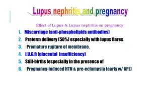 Effect of Lupus & Lupus nephritis on pregnancy
1. Miscarriage (anti-phospholipids antibodies)
2. Preterm delivery (50%) especially with lupus flares.
3. -Premature rupture of membrane.
4. I.U.G.R (placental insufficiency)
5. Still-births (especially in the presence of APL ab)
6. -Pregnancy-induced HTN & pre-eclampsia (early w/ APL)
 