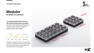 7
CASTALDI LIGHTING
El rango de iluminación incluye tres temperaturas
de color, con rendimiento cromático superior a 90,
blanco fijo o blanco dinámico bajo petición para
una temperatura de color regulable.
Modular
se adapta a tu proyecto
La modularidad de SLED permite usar
sólo el flujo necesario para el proyecto.
Con SLED es fácil obtener iluminación con
el flujo luminoso adecuado según las
especificaciones del proyecto.
 