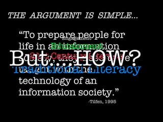 THE  ARGUMENT  IS  SIMPLE... “ To prepare people for life in an information society, they need to be taught with the technology of an information society.” -Tilfen, 1995 Engagement Edutainment 21st Century Literacy Traditional Literacy But....HOW? 