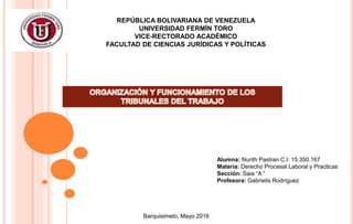 REPÚBLICA BOLIVARIANA DE VENEZUELA
UNIVERSIDAD FERMÍN TORO
VICE-RECTORADO ACADÉMICO
FACULTAD DE CIENCIAS JURÍDICAS Y POLÍTICAS
Alumna: Nurith Pastran C.I: 15.350.167
Materia: Derecho Procesal Laboral y Practicas
Sección: Saia “A “
Profesora: Gabrielis Rodríguez
Barquisimeto, Mayo 2016
 