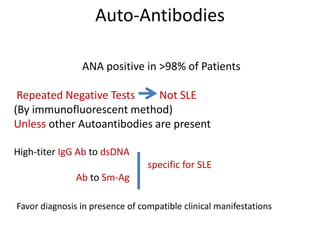 Auto-Antibodies
ANA positive in >98% of Patients
Repeated Negative Tests Not SLE
(By immunofluorescent method)
Unless other Autoantibodies are present
High-titer IgG Ab to dsDNA
specific for SLE
Ab to Sm-Ag
Favor diagnosis in presence of compatible clinical manifestations
 