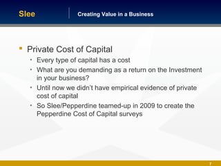 Building America One Business at a TimeCreating Value in a Business
7
 Private Cost of Capital
• Every type of capital has a cost
• What are you demanding as a return on the Investment
in your business?
• Until now we didn’t have empirical evidence of private
cost of capital
• So Slee/Pepperdine teamed-up in 2009 to create the
Pepperdine Cost of Capital surveys
Slee
 