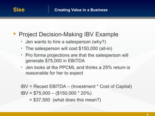 Building America One Business at a TimeCreating Value in a Business
9
 Project Decision-Making IBV Example
• Jen wants to hire a salesperson (why?)
• The salesperson will cost $150,000 (all-in)
• Pro forma projections are that the salesperson will
generate $75,000 in EBITDA
• Jen looks at the PPCML and thinks a 25% return is
reasonable for her to expect
IBV = Recast EBITDA – (Investment * Cost of Capital)
IBV = $75,000 – ($150,000 * 25%)
= $37,500 (what does this mean?)
Slee
 
