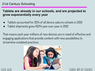 21st Century Schooling
Tablets are already in our schools, and are projected to
grow exponentially every year
● Tablets accounted for 35% of all device sales to schools in 2012
● Tablet shipments grew 103% year over year in 2012
That means each year millions of new devices are in need of effective and
engaging applications that provide content with new possibilities to
streamline outdated practices.
 