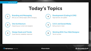 #learnsleek
Today’s Topics
Branding and Messaging
Who you are, identify targets, deﬁne messaging
1
Site Architecture
Organizing your content and navigation
2
Design Goals and Trends
Visual hierarchy, readability, responsive
3
Development (Coding & CMS)
Page load time, site updates
4
S.E.O. and Social Media
Both go hand-in-hand
5
Working With Your Web Designer
Tips for success!
6
Getting Started
 