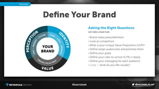 #learnsleek
Deﬁne Your Brand
Asking the Right Questions
Let’s take a closer look.
• Brand rediscovery/deﬁnition
• Look at competitors
• What is your Unique Value Proposition (UVP)?
• Deﬁne target audience(s) and prioritize them
• Deﬁne your goals
• Deﬁne your calls-to-action (CTAs ) clearly
• Deﬁne your messaging for each audience
• Lastly – what do you like visually?
Discovery
YOUR
BRAND
ID
ENTITY
PERCEPTI
O
N
VALUE
U
NIQUE VALUE PROP
NAME
L
O
GO
MESSAGE
PASTPRESENT
FUTURE
 