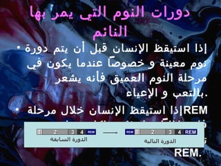 دورات النوم التي يمر بها النائم إذا استيقظ الإنسان قبل أن يتم دورة نوم معينة و خصوصاً عندما يكون في مرحلة النوم العميق فأنه يشعر بالتعب و الإعياء . إذا استيقظ الإنسان خلال مرحلة  REM   فإنه غالباً  مايتذكر ماكان يحلم به .  تبدأ الدورة التالية بإكمال مرحلة  REM .  الدورة التالية الدورة السابقة 1 2 3 4 REM 1 2 3 4 REM REM 