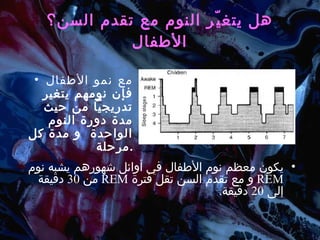 هل يتغيّر النوم مع تقدم السن؟ الأطفال مع نمو الأطفال فإن نومهم يتغير تدريجياً من حيث مدة دورة النوم الواحدة  و مدة كل مرحلة . يكون معظم نوم الأطفال في أوائل شهورهم يشبه نوم  REM   و مع تقدم السن تقل فترة  REM   من  30  دقيقة إلى  20  دقيقة . 