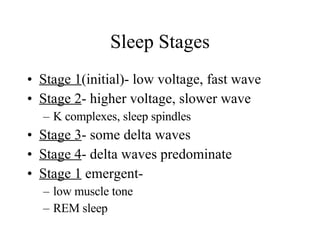 Sleep Stages Stage 1 (initial)- low voltage, fast wave Stage 2 - higher voltage, slower wave K complexes, sleep spindles Stage 3 - some delta waves Stage 4 - delta waves predominate Stage 1  emergent-  low muscle tone REM sleep 