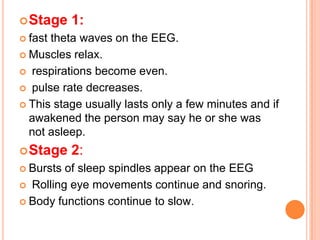 Stage 1:
 fast theta waves on the EEG.
 Muscles relax.
 respirations become even.
 pulse rate decreases.
 This stage usually lasts only a few minutes and if
awakened the person may say he or she was
not asleep.
Stage 2:
 Bursts of sleep spindles appear on the EEG
 Rolling eye movements continue and snoring.
 Body functions continue to slow.
 