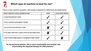 "In my personal opinion, this is more comfortable and smarter way
of providing the required therapy for OSA patients."
Which type of machine is best for me?
This is a very common question, and simply answered by referring to the table below;
 