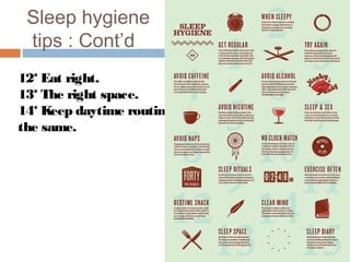 Sleep hygiene
tips : Cont’d
12* Eat right.
13* The right space.
14* Keep daytime routine
the same.
 
