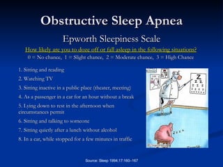 Obstructive Sleep Apnea Epworth Sleepiness Scale How likely are you to doze off or fall asleep in the following situations? 0 = No chance,  1 = Slight chance,  2 = Moderate chance,  3 = High Chance 1. Sitting and reading 2. Watching TV 3. Sitting inactive in a public place (theater, meeting) 4. As a passenger in a car for an hour without a break 5. Lying down to rest in the afternoon when  circumstances permit 6. Sitting and talking to someone 7. Sitting quietly after a lunch without alcohol 8. In a car, while stopped for a few minutes in traffic 